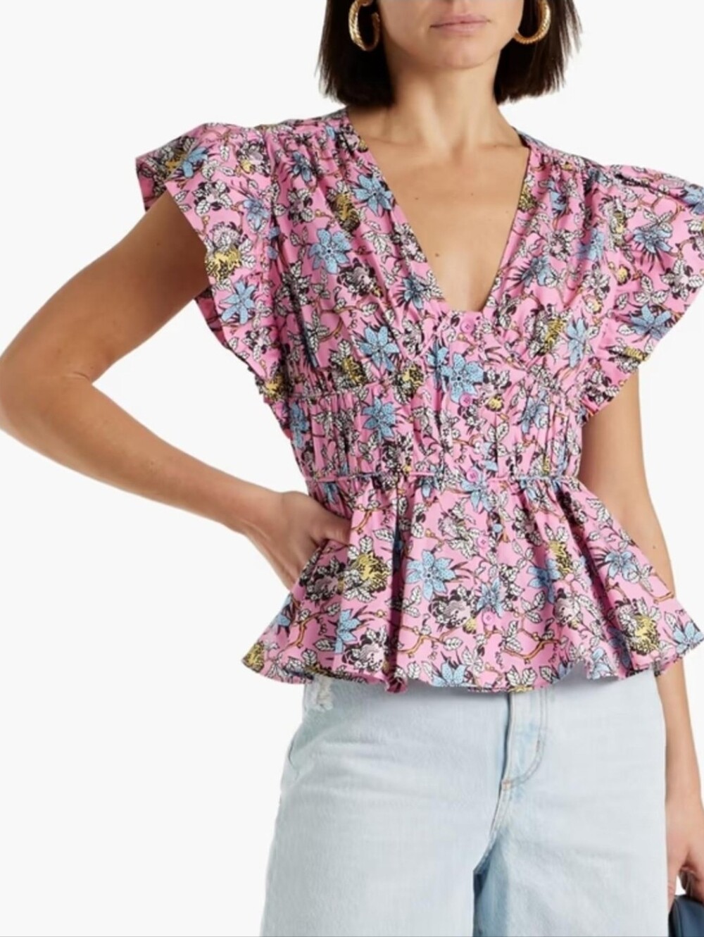 10 Crosby Derek Lam Roselyn Button Front Peplum Top Pink Floral Sz 8